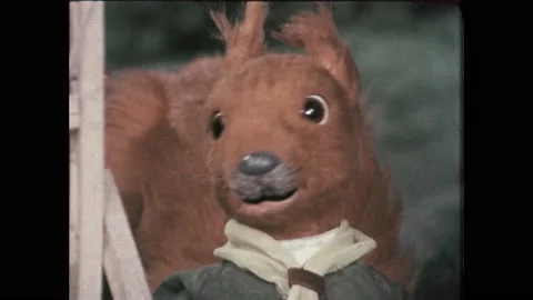 1970s: Squirrel talks and nods. Frog nods. Kingfisher talks. Mole talks. Kitten Stock Footage 229568073
