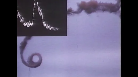 1970s: UNITED STATES: vortex pattern research. Man speaks to camera. NASA plane Vídeos de archivo 84615287
