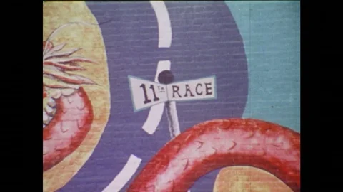 1970s: Various paintings around a city, a group of young people painting a wall, Stock Footage
