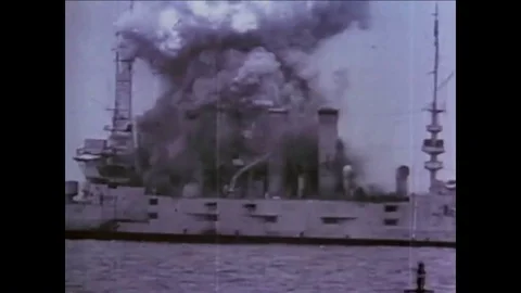 1971-Bombs are set off on captured German ships, and planes land on the USS Stock Footage 86037147