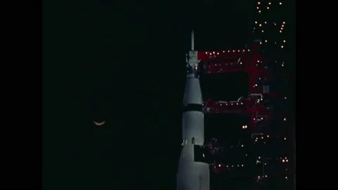 1971 - A crescent moon appears by the Apollo 14 spacecraft, docked at the Stock Footage 232848621