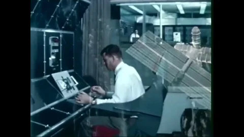 1971Scientists operate a simulator during the Apollo 14 space shuttle landing at Stock Footage 83612935