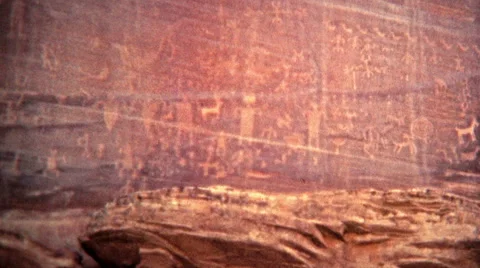 1972: Alien Cave Drawings of Human-Like Figures and Symbols Stock Footage 53005003