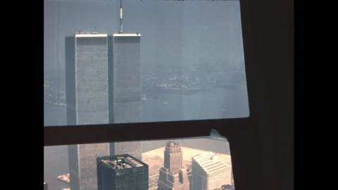 1973 Helicopter over NYC passes World Trade Center, Brooklyn Bridge | 16mm Stock Footage 258342526