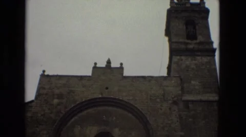 1978: cathedral church city square classic architectural style stone marble face Stock Footage