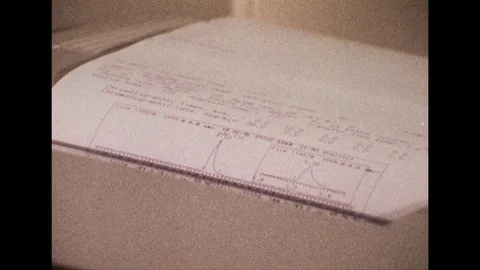1980s: Close up, paper exiting computer printer / Man doing paperwork at desk. Video stock 74784257