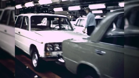 1980s Fiat Lada Auto Car Assembly Production Line Factory Vintage Old Film Movie Stock Footage