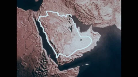 1980s: Map of Middle East, border around Saudi Arabia, regions appear. Clos eup Stock Footage 219817883