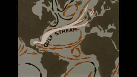 1980s: Map of ocean currents. Map shows warm current in Gulf Stream. River flows Stock Footage 243581631
