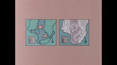 1980s: Map on the wall, separates into it's two different maps. Arrow pointing Stock Footage 255867564