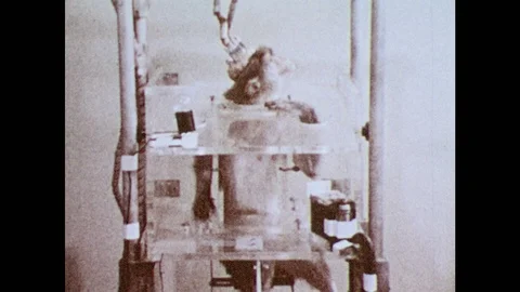 1980s: Monkey pushes button in laboratory experiment. Stock Footage 94465591