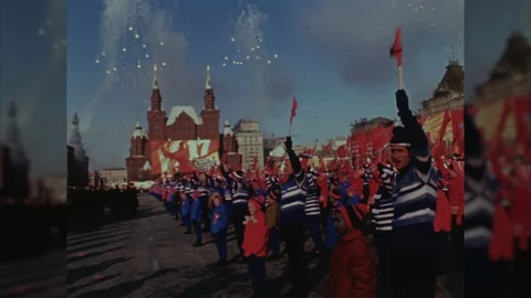 1980s People Celebrate May Day Red Square Soviet Union Satellite Vintage Film Stock Footage