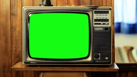 1980s Retro Television with Green Screen, CRT TV Zoom In, Vintage Living Room Stock Footage 87648577