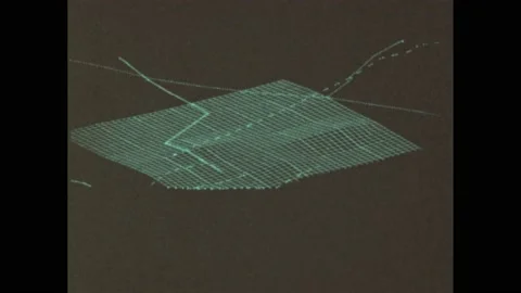 1980s: Rolling drum, nuts and screws. Wire frame display of topography, showing Vídeo Stock 205309853