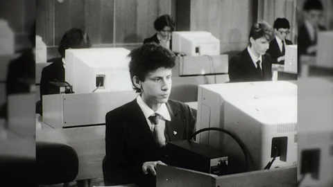1980s Student in Computer Class Learns Programing Code Vintage Old Film Movie Stock Footage 87305501