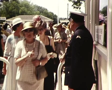 (1981) Melbourne Cup Ticket Inspector / People Arriving   Video stock 61378420
