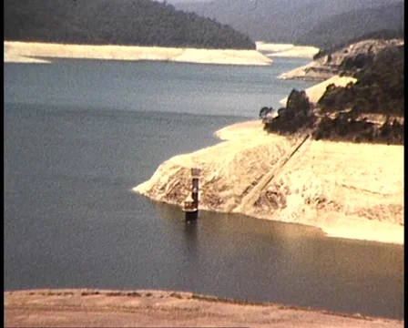 1982 DROUGHT: LOW WATER LEVELS AT UPPER YARRA RESERVOIR MELBOURNE, AUSTRALIA Stock Footage 46472231
