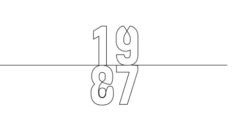 1987 year continuous line art clip self drawing animation on white black ba.. Video stock 314507856