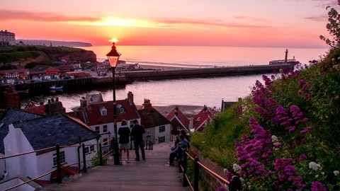 199 Steps Whitby Sunset Timelapse Stock Footage