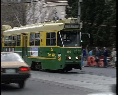 1990:  Melbourne, Australia Streets  / Trams / Pedestrians Stock Footage 108732633