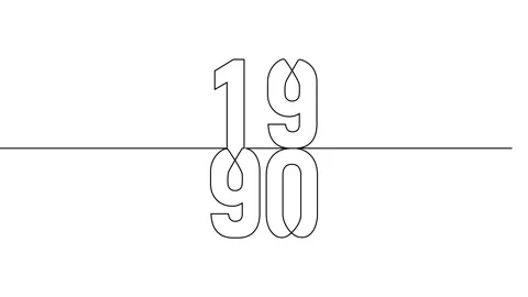 1990 year continuous line art clip self drawing animation on white black ba.. Stock Footage 314507872