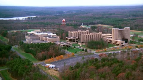 1990s - aerial over Quantico Marine army military Headquarters in Virginia. Stock Footage