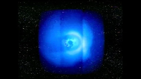1990s: Animation, light emitting from Earth in space. View of aurora lights from Stock Footage 113989175