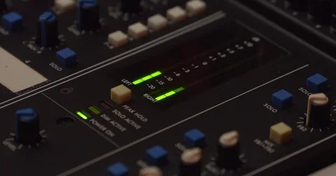 1990s audio console, peak level meters output signal Stock Footage 76396297