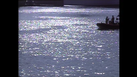 1990s: Boats.  Animated map shows currents. Stock Footage 128452478