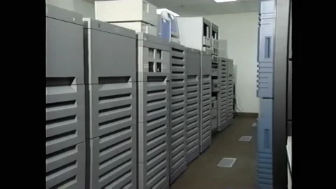 1990s: Computers and servers in room. Person looks at computer. DNA information Stock Footage 160354675