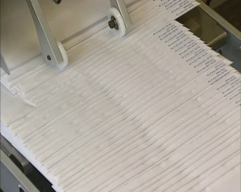 1990s envelope printing and conveyor transport Stock Footage 125435902