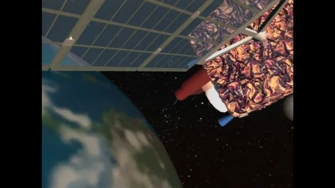 1990s: geostationary satellite in space. Computer animation of weather data Stock Footage