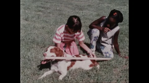 1990s: Hands holding caterpillar by ruler. Zoom out, girls holding ruler by dog. Stock Footage 266844841