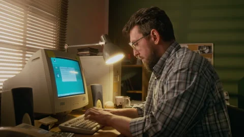 1990s Male Manager Working with Emails on Vintage Computer at Home Study Stock Footage 327237916