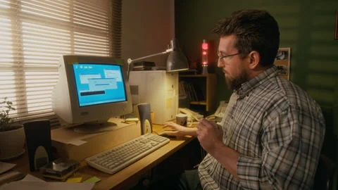 1990s Man Connecting to Internet on Retro Computer with Dialup Modem Video stock 327238771