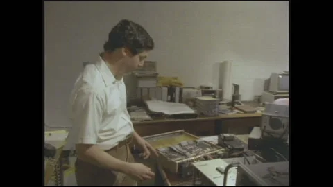 1990s: Man talks to man while looking at computer equipment. Man joins man Stock Footage 146555169