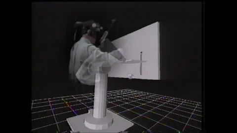 1990s: Man in virtual reality equipment. Animation of hand moving. Tank driving. Stock Footage 144701919