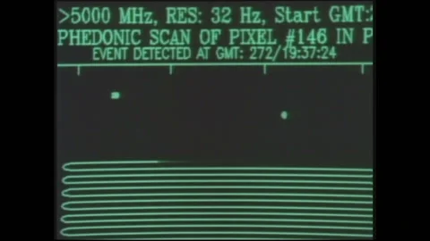 1990s: Readout on computer screen. Satellite dish. Readouts on computer screen. Video stock 146555161