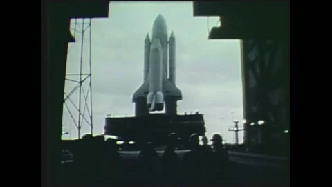 1990s: space shuttle on earth mover being brought to launchpad Stock Footage 136853889
