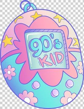 1990s virtual pet is floating in flat design with pastel shell, star motifs, Stock Illustration