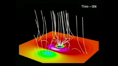 1990s: White string lines extend vertically from multi-colored surface, some 스톡 동영상 113985992