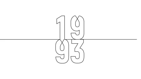 1993 year continuous line art clip self drawing animation on white black ba.. Stock Footage 314507825