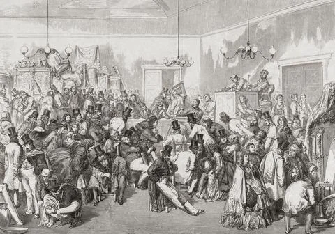 19th century auction in progress.  From a work by Henry Duff Linton after Gustav Illustrazione stock