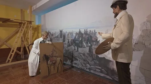 19th-century painter studio reconstruction inside Ópusztaszer rotunda with Stock Footage 332256569