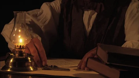 19th Century recreation -- Man with documents, Tabletop, writing by lantern 스톡 동영상 81233888