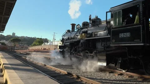 19th century USA train powered by steam through a boiler fed by wood firewood Stock Footage 258672373