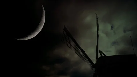 1Beautiful windmill silhouette on dramatic, stormy sky. Halloween Background Video stock 86191807