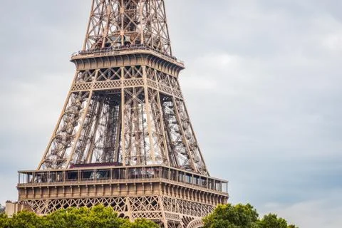 1st and 2nd floor of the Eiffel Tower on a beautiful blue summer sky in Paris 스톡 사진
