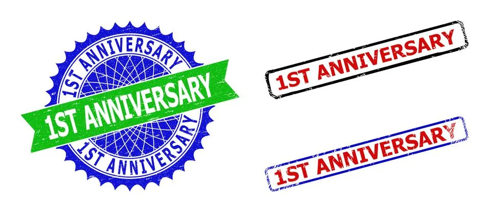 1ST ANNIVERSARY Rosette and Rectangle Bicolor Badges with Distress Styles Illustrazione stock