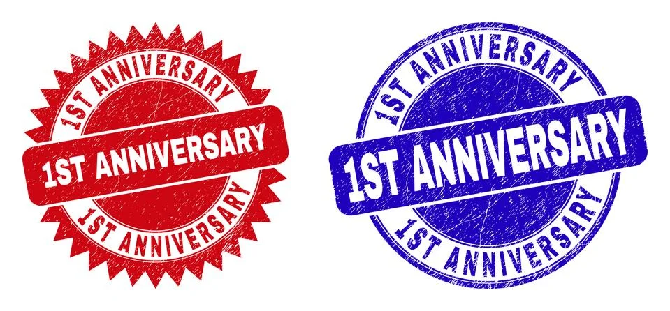 1ST ANNIVERSARY Rounded and Rosette Watermarks with Unclean Texture Illustrazione stock